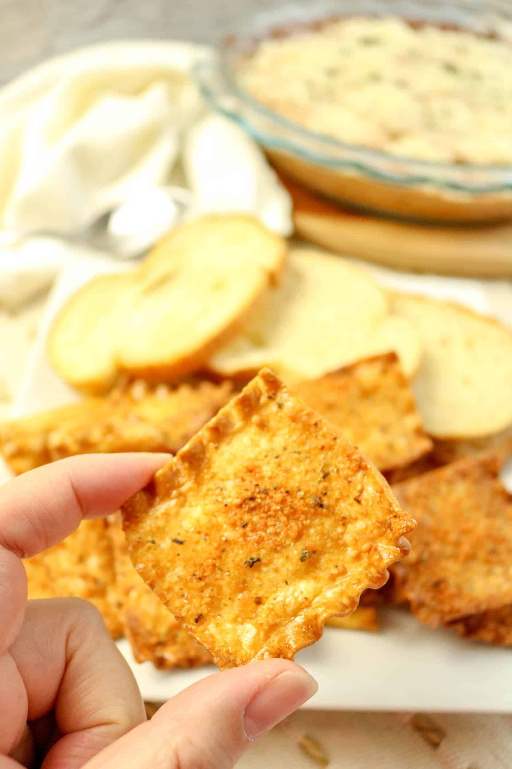 air fryer pasta chips holding tall